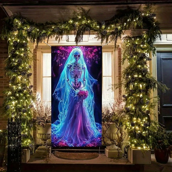 Taotanxi Halloween Decorations Door Cover, Large Halloween Door Banner Bathroom Porch Door Backdrop Decor for Parties, Indoor Outdoor Haunted House Themed Decoration, 35x71 Inc