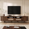thumbnail image 1 of TV Stand for 65 Inch TV, Oval Media Console with 2 Rattan Drawers and 2 Sliding Doors, Walnut Color MDF Storage Cabinet Sideboard with Rounded Corners for Living Room (Walnut A), 1 of 18