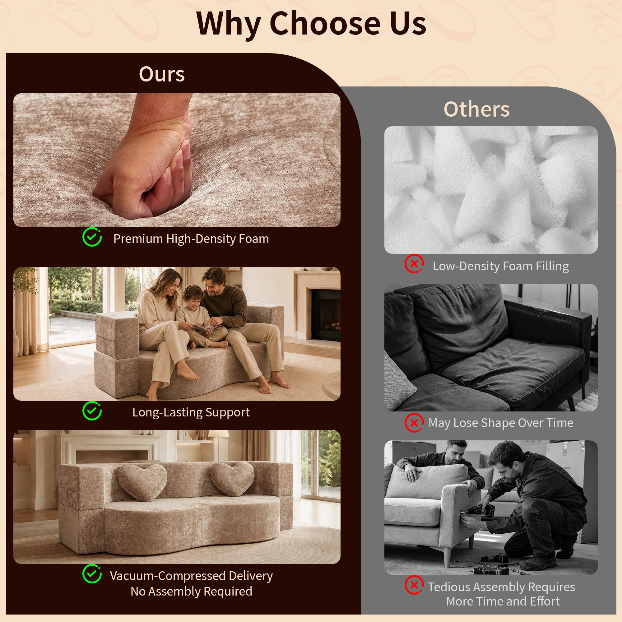 78.74"W Heart-Shaped Convertible Sofa,Floor Couch,Sleeper Sofa Bed,No Assembly High-Density Sponge Loveseat with 2 Heart Pillows for Living Room, Apartment,Warm Taupe