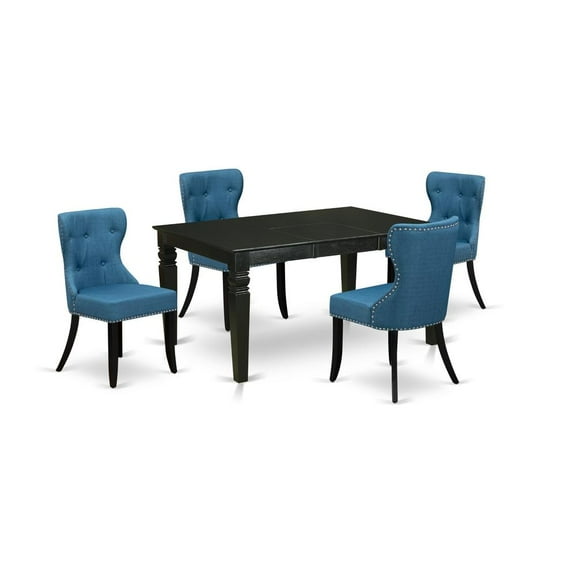 East West Furniture East-West Furniture WESI5-BLK-21 - A dining set of 4 great dining chairs using Linen Fabric Mineral Blue color and a gorgeous wooden dining table with Black color