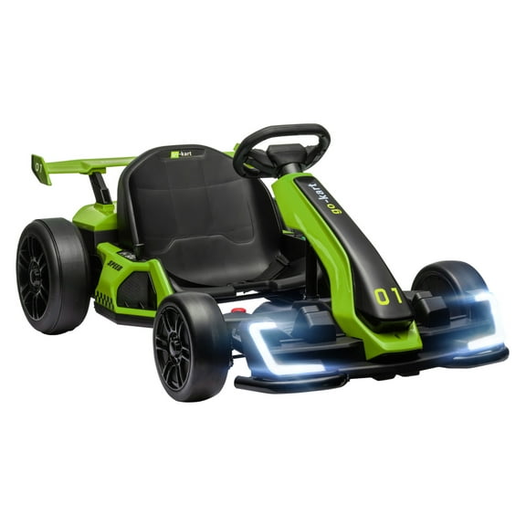 Aosom 24V 7.5 MPH Electric Go Kart with Adjustable Seat, Drifting Car Battery Powered Ride on Toy Outdoor with Slow Start, Button Start, Music, Honking Horn, Lights, for 6-12 Years Old, Green
