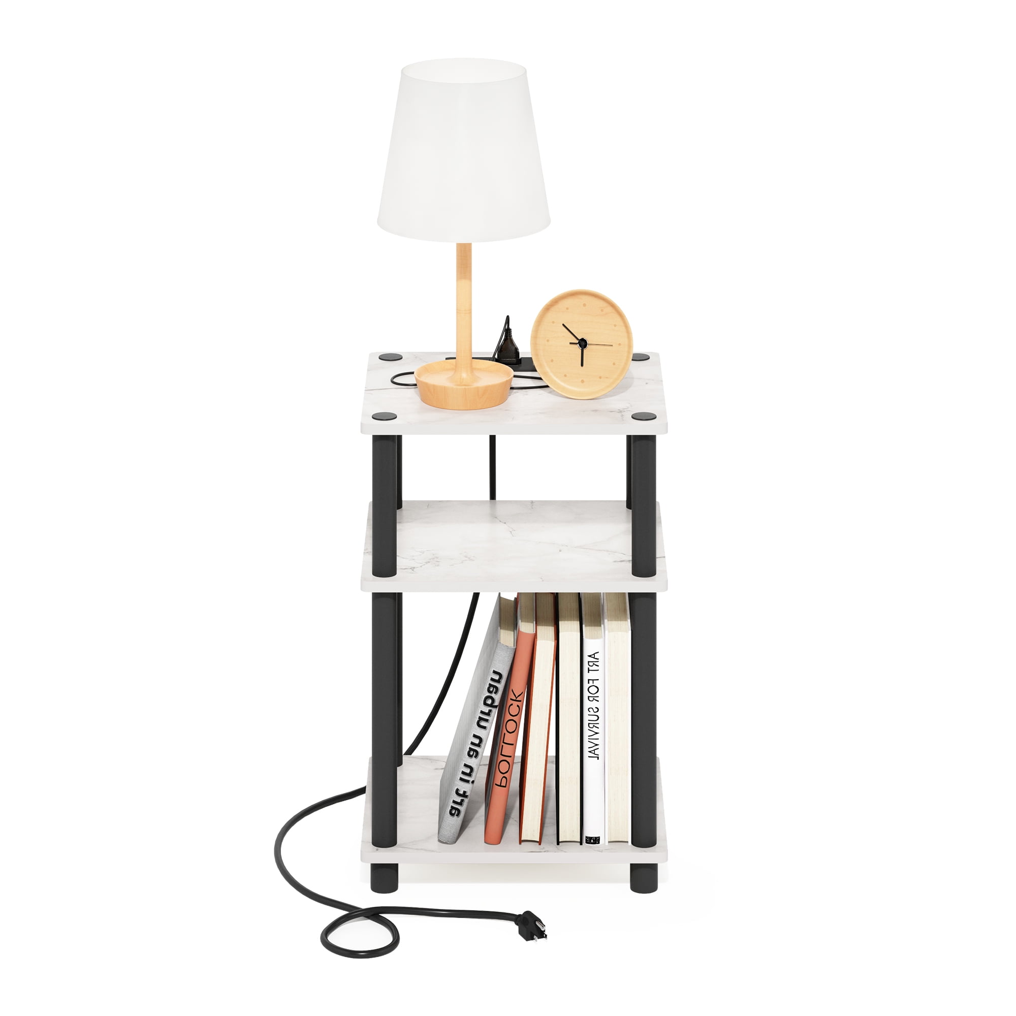 Furinno Just 3-Tier Turn-N-Tube USB and Type-C Charging Port End Table with Open Storage, Marble White/Black