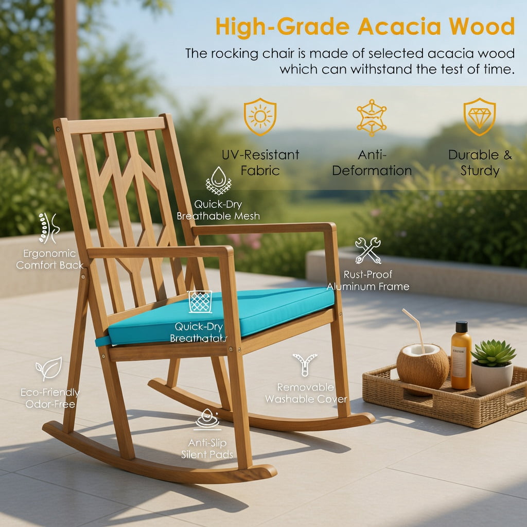 Hommoo Acacia Wood Patio Rocking Chair Sofa with Removable Turquoise Cushion, Outdoor Garden & Deck Rocker for Backyard, Poolside, or Porch, Turquoise