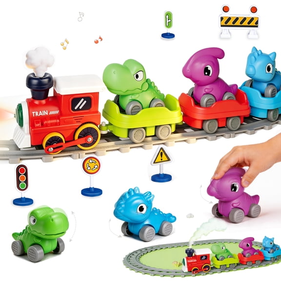 Train Set for Toddlers w/Steam Music & Lights - Electric Train Toys for Kids w/Tracks Including 3 Dinosaur Cars and 3 Trailers Christmase Birthday Gifts for Boys Girls 3 4 5 6  Years Old