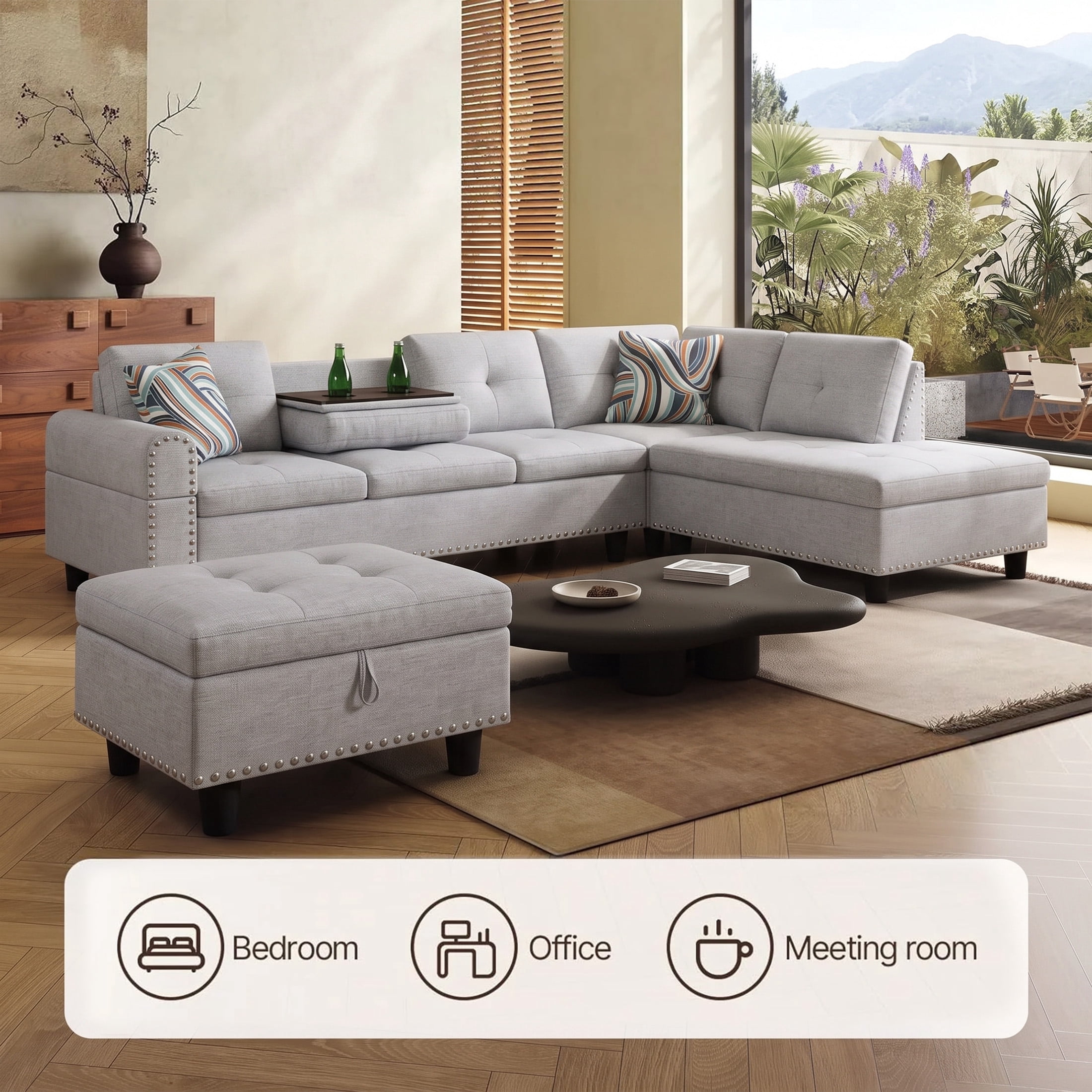 AENKYO 98" L-Shaped Sectional Sofa with Reversible Chaise, Storage Ottoman & Cup Holders, Flannel, Light Gray