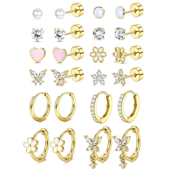 Hypoallergenic Flat Back Earrings for Women, 12 Pairs Surgical Steel Earrings for Sensitive Ears, Screw Back Studs, Small Hoops & Cartilage Earring Stack