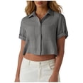 thumbnail image 1 of cfhntfmh Womens Cropped Button down Shirts Pleated Summer Dressy Casual Short Sleeve Blouse Collar Loose Fit Work Tops, 1 of 7