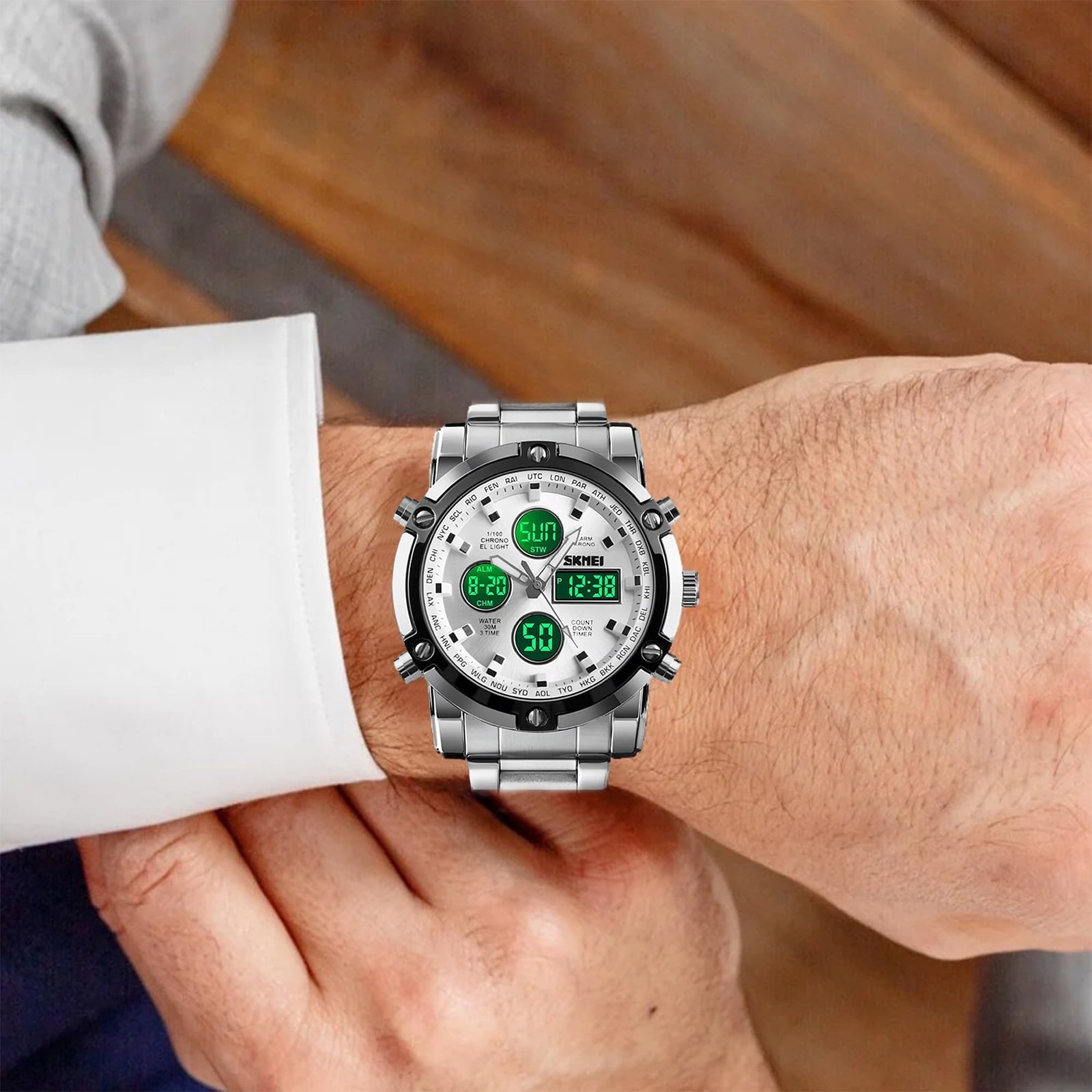 SKMEI Mens Wrist Watch, Waterproof Military Analog Digital Watches with LED Multi Time Chronograph, Stainless Steel Business Quartz Watches for Men