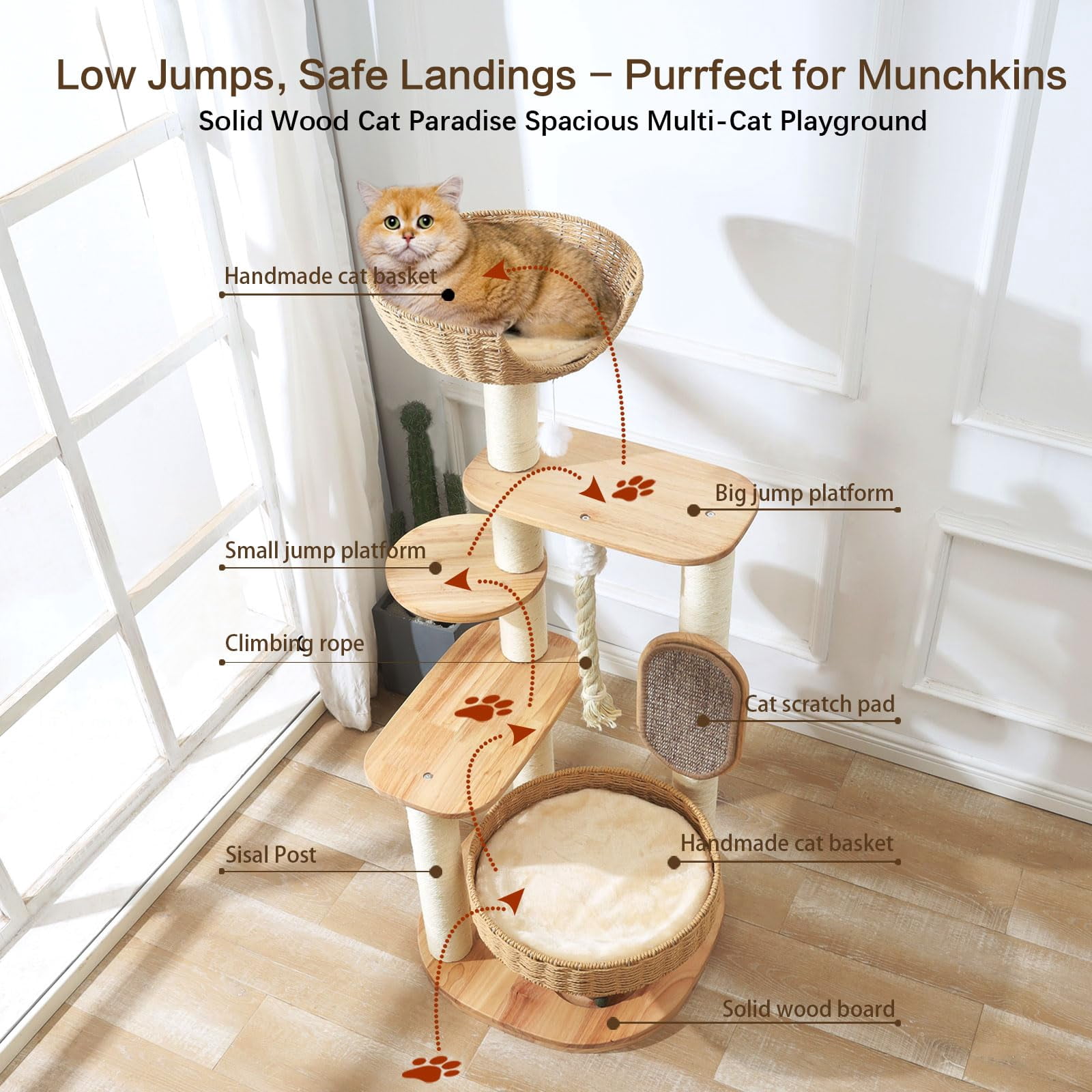 Wooden Cat Tree For Large  49.6in Tall Tower With Indoor Cats Multi-level Condo Hand-woven Bed And Board Easy To Clean