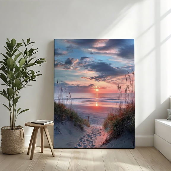Ocean Beach Sunset Framed Canvas Wall Art Coastal Path Poster Nature Landscape Prints for Living Room Bedroom Decor 8*12
