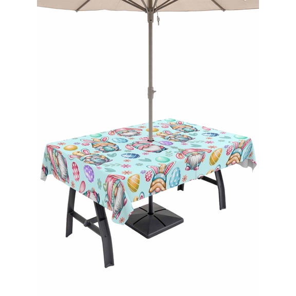 Easter Gnomes Eggs Outdoor Tablecloth - 60x84 Inch Rectangle Dining Table Cover, Bunny Ears Spring Flowers Country Blue Waterproof Outdoor Table Cloth with Umbrella Hole & Zipper for Picnic/Patio
