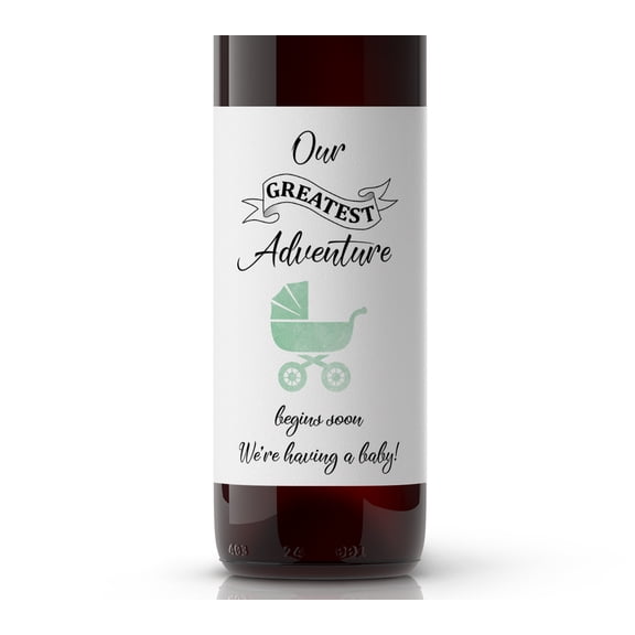 Stroller Baby Announcement Wine Labels â SET of 6 â GENDER NEUTRAL - Mint Green - Pregnancy Announcement Wine Labels, Our ADVENTURE Begins, New Baby Reveal,Wine Labels WATERPROOF, STRL-WL-MT
