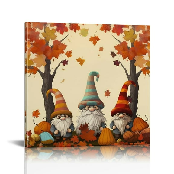 JRXY Fall Canvas Wall Art Pumpkin Gnome Oil Paintings on Canvas Maple Leaf Decor 16x16in 12x12 in