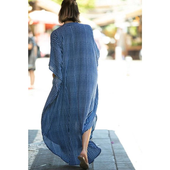 Women Button Down Maxi Caftan Dresses Robe Beach Swimsuit Cover Up Shirt Dress, Blue, One Size