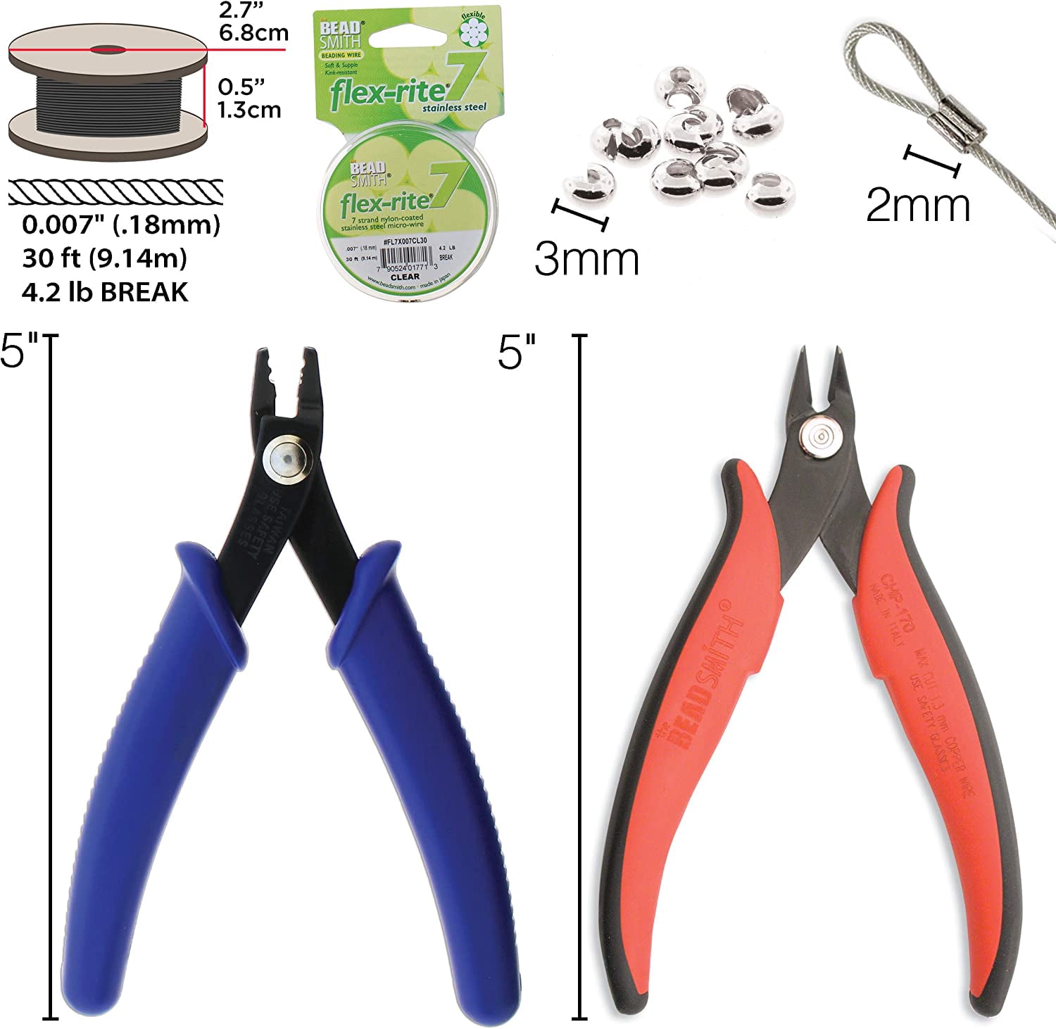 The Beadsmith Crimper Mega Kit, Includes Crimp Forming Pliers, Cutter, 2x2mm Crimp Tubes, 3mm Crimp Bead Covers & 7-Strand FlexRite Wire, Create Rounded Crimps Every Time, No Sharp Edges
