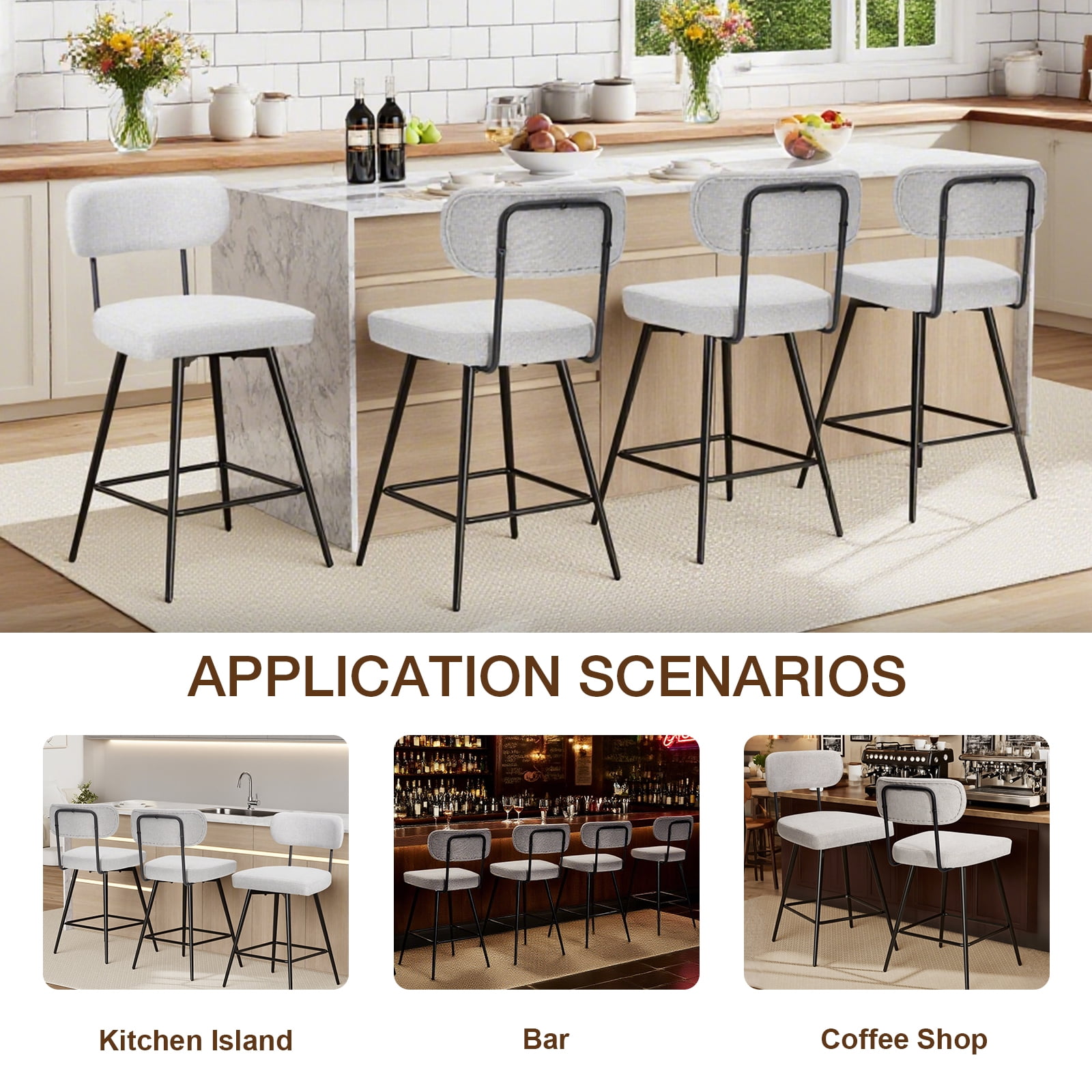 Hommpa Swivel Bar Stools Set of 3 Counter Height Barstools 26" Beige Linen Fabric Upholstered Kitchen Counter Stools with Backs, Metal Legs, Footrest and Wide Seat