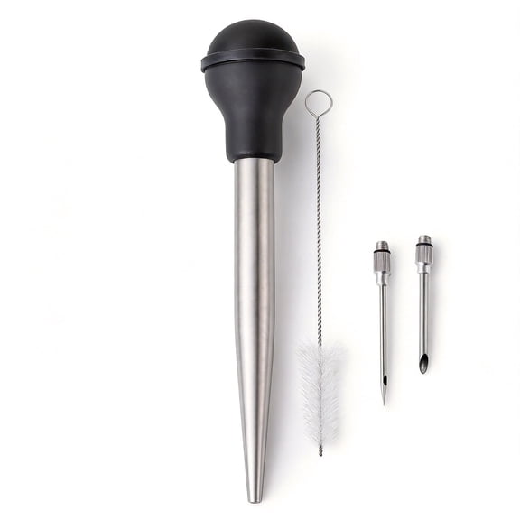Stainless Steel Turkey Baster for Cooking - Food Grade Metal Baster Syringe & Silicone Suction Bulb - Large Size With 2 Detachable Needles and Cleaning Brush