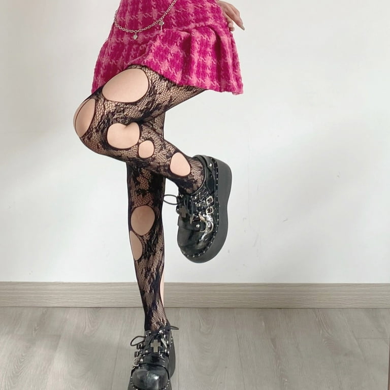 Women Gothic Punk Black Fishnet Pantyhose Lolita Irregular Ripped Beggar  Holes Mesh Tights Floral Patterned Stockings 