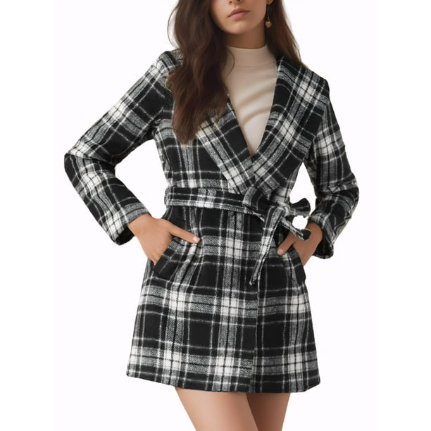 Abrigo de invierno con cinturón y cuello de chal de cuadros para mujer, negro y blanco