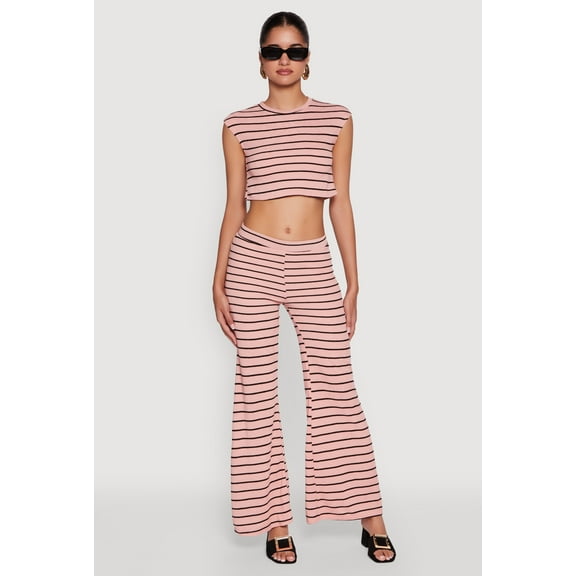 Womens Trendy Striped Brushed Knit Flare Leg Pants