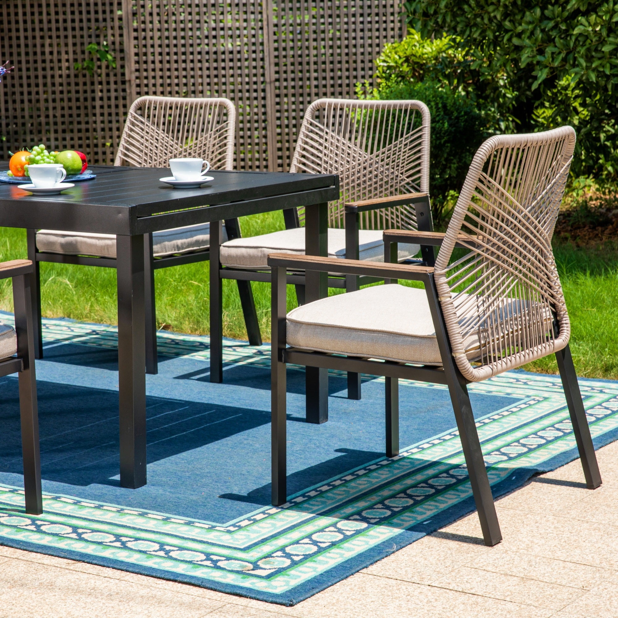 MF Studio 7-Piece Patio Dining Set with Cushioned Rattan Chairs and Rectangular Table for 6-Person, Black and Beige