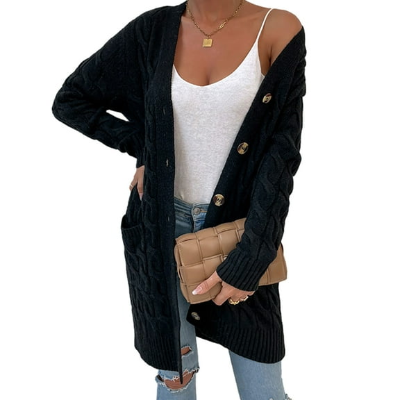 Long Sleeve Cable Knit Long Cardigan for Women 2024 Fall Winter Chunky Open Front Button Sweaters with Pockets