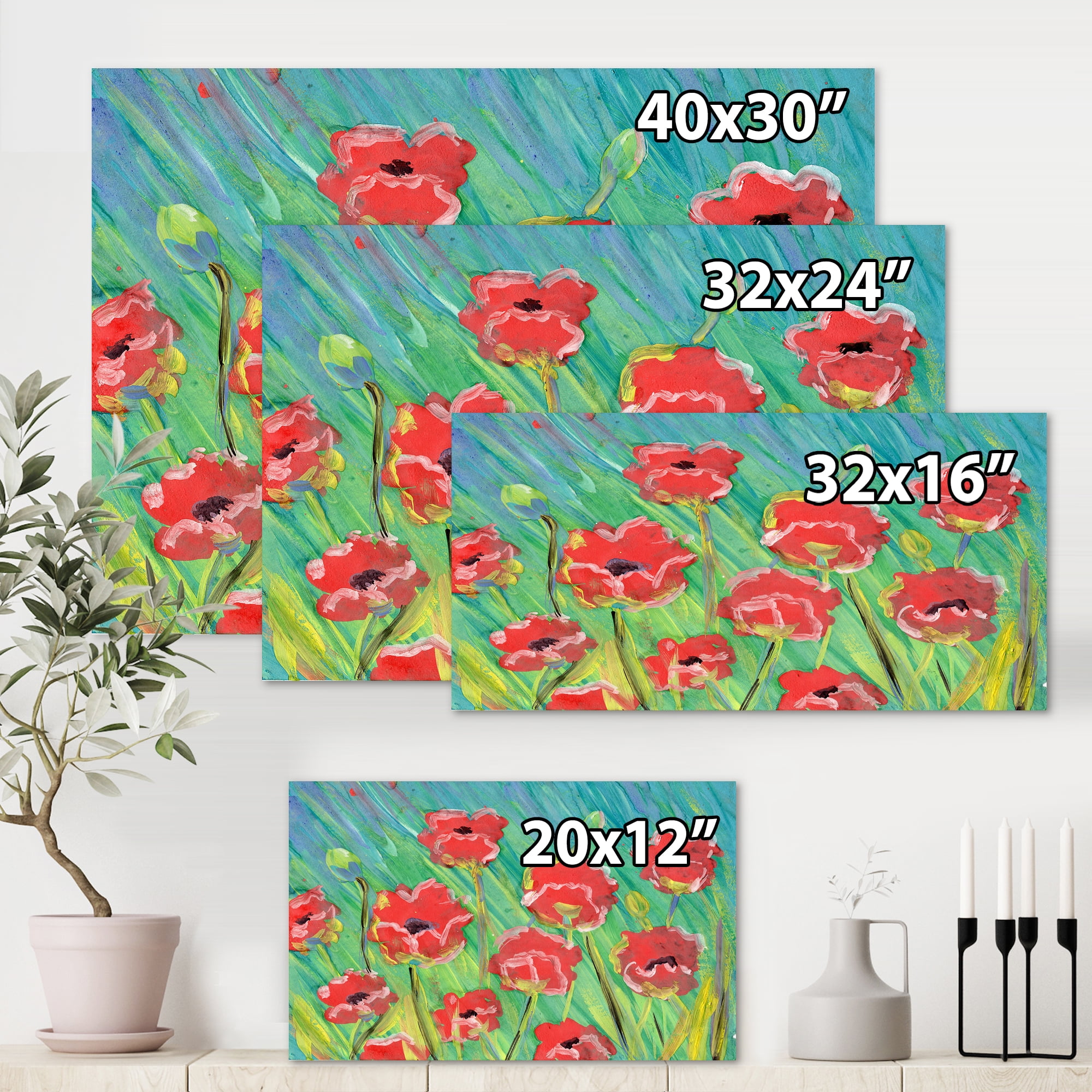 Designart ' Gouache Of Blooming Red Poppies ' Traditional Canvas Wall Art Print