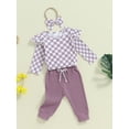 thumbnail image 3 of Musuos Baby Girl Fall Outfits 3M 6M 9M 12M 18M Checkerboard Print Long Sleeve Romper Solid Color Long Pants Headband 3Pcs Clothes Set, 3 of 9