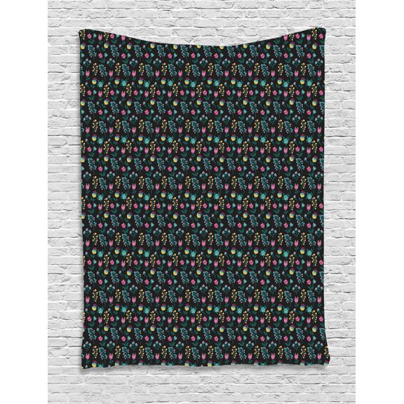 Spring Tapestry, Abstract Botanical Pattern with Flowers and Budding Plants Cartoon, Wall Hanging for Bedroom Living Room Dorm Decor, 60W X 80L Inches, Charcoal Grey and Multicolor, by Ambesonne