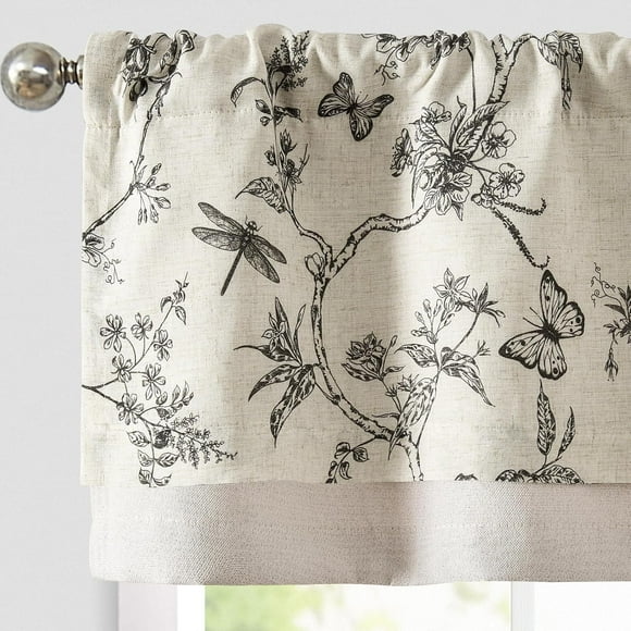 Floral Curtain Valance for Windows 16 Inch Linen Valance for Kitchen Living Room Rustic Cottage Farmhouse Flower Butterfly Curtain Rod Pocket 1 Panel Double Layer Blackout Black on Beige