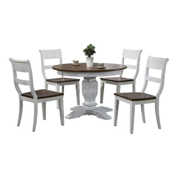 5-Piece Solid Wood Extendable Dining Set in White & Brown