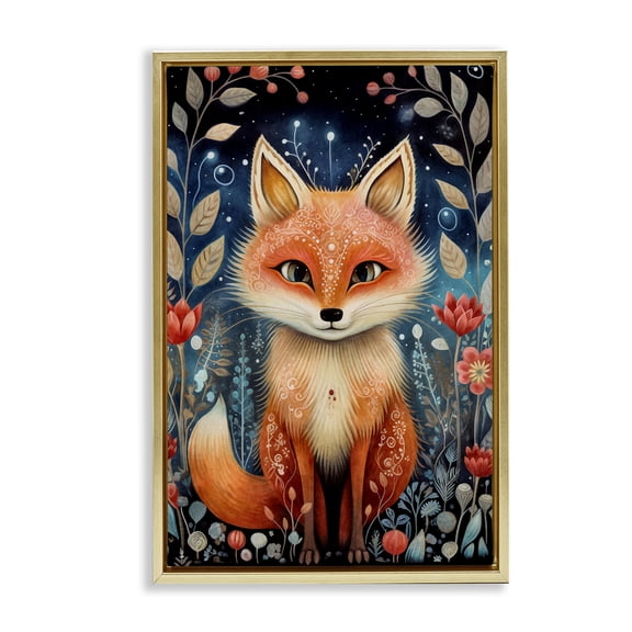 Stupell Industries Woodland Pattern Fox Animals & Insects Painting Gold Floater Framed Art Print Wall Art, 17 x 25