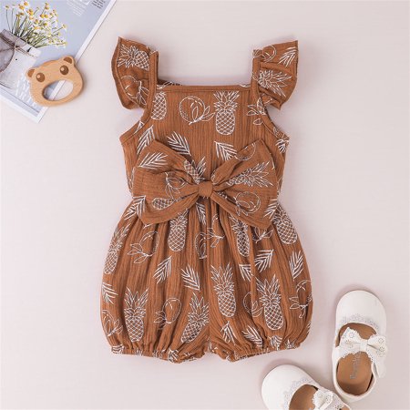 

Boys Girls Fly Sleeve Floral Pineapple Printed Romper Toddler Bowknot Jumpsuit Clothes Brown 80