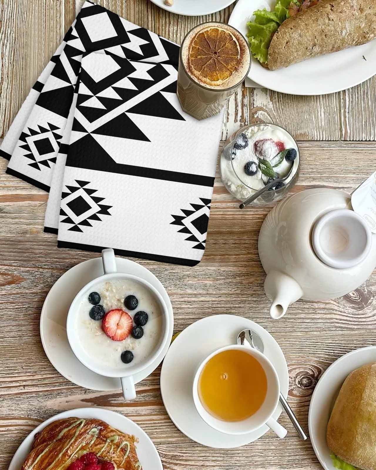 White Black Boho Kitchen Dish Towels for Drying Dishes Set of 3, Southwest Ethnic Abstract Geometric Waffle Weave Microfiber Hand Tea Bathroom Towels Quick Dry & Absorbent Towel 15.7x23.6