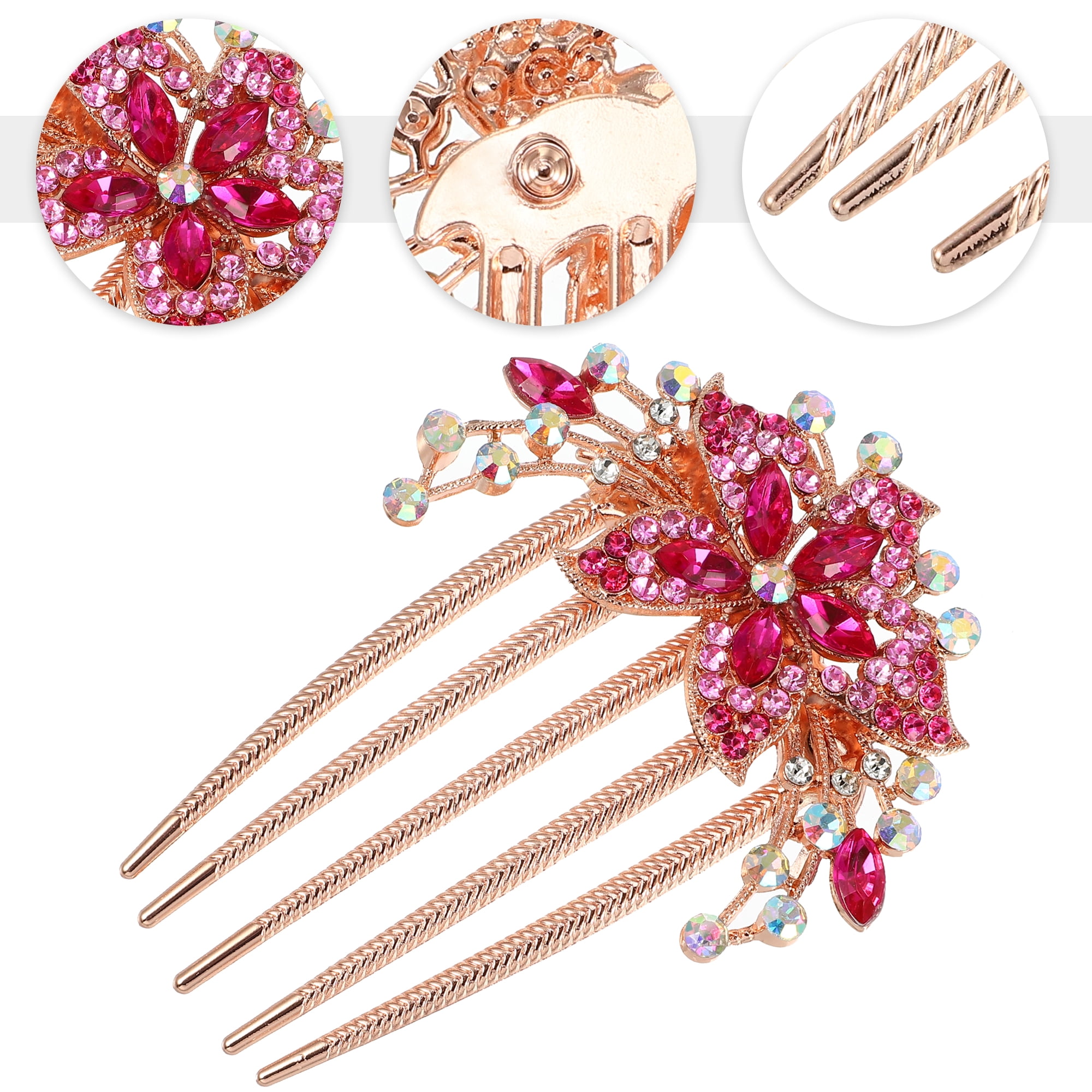 Unique Bargains Women Rhinestone Inlaid Flower Hair Comb 1Pc Rose Red