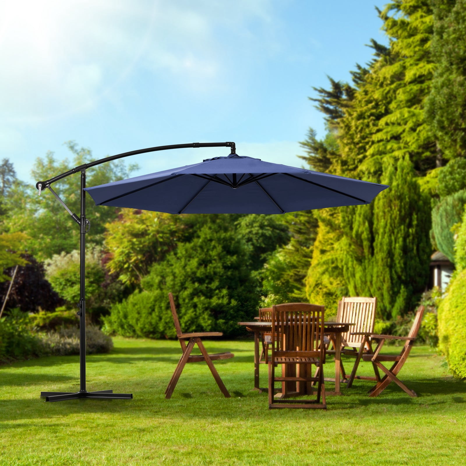Backyard Expressions 10ft Offset Hanging Patio Umbrella with Crank Lift & Tilt, Outdoor Market Umbrella with UV-Resistant Canopy, Cross Base, and Air Vent for Backyard, Deck, Poolside, or Garden