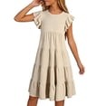 thumbnail image 5 of Little Girls Dresses Solid Color Round Neck Puff Sleeve Kids Party Outfit Girls Beach Dress Size 8-9T, 5 of 6