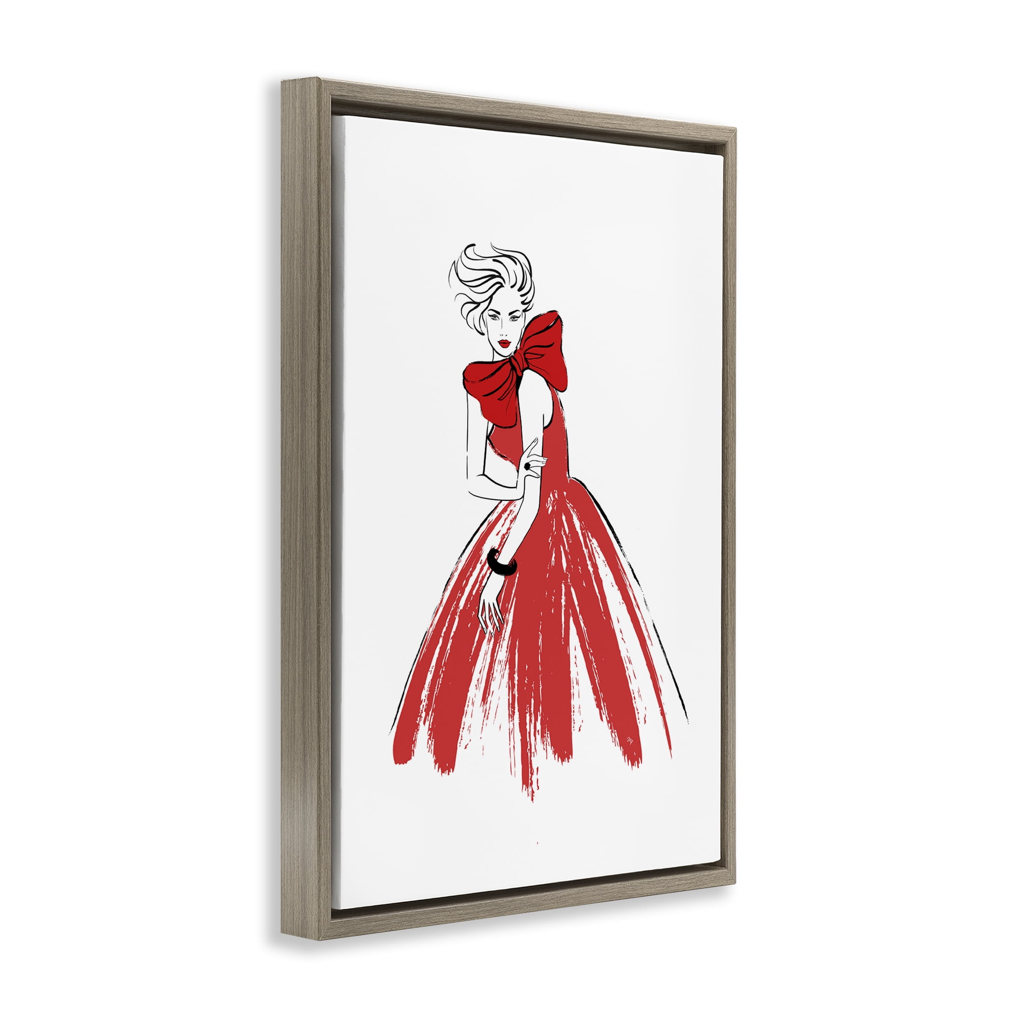Stupell Industries Lady & Red Bow Dress Novelty Painting Brown Floater Framed Art Print Wall Art, 21 x 31