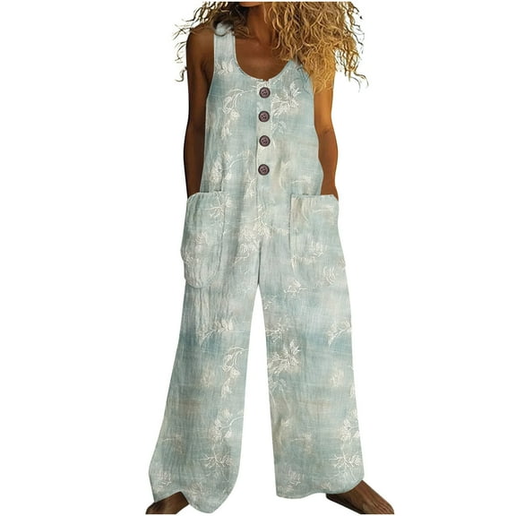 Hvot&aat Women's Back Straps One Piece Pants Round Neck Button Sleeveless Jumpsuit Vintage Printed Overall