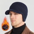 thumbnail image 2 of IYTR Men's Winter Visor Beanie Hat with Earflaps Solid Knit Baseball Cap Ski Hat Warm Fleece Lined Hunting Hat Navy Free Size, 2 of 4
