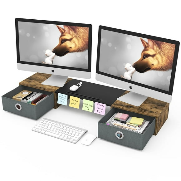 Westree Dual Monitor Stand Riser With Two Drawers, Extra Large Storage For 2 Monitors, Desktop Oraganizer Computer,Laptop,Screen,Printer,Tv