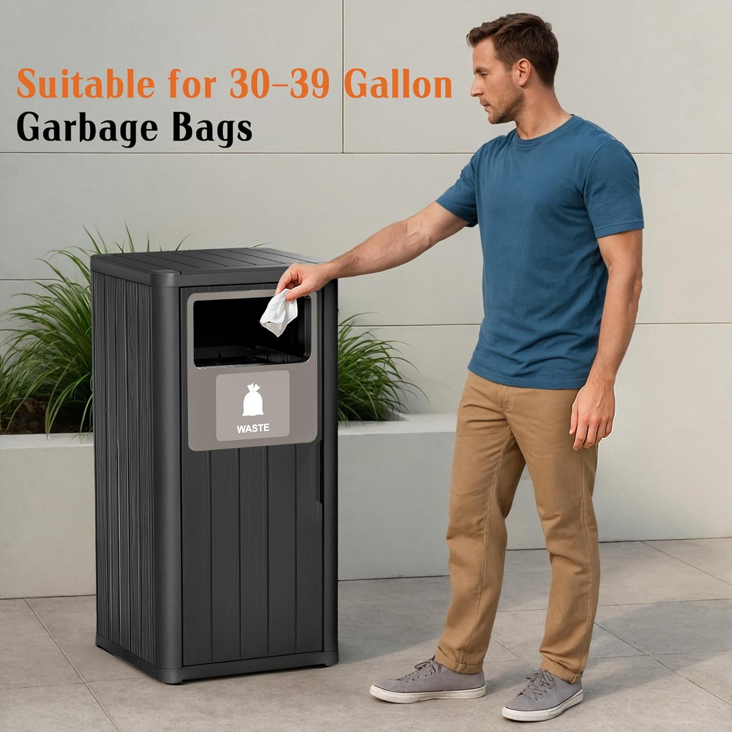 Outdoor 1-Barrel Resin Trash Can – Waterproof, UV-Resistant – Recycling Label, Fits 30-39 Gal Bags, Black, 16.1x16.5x35.4in