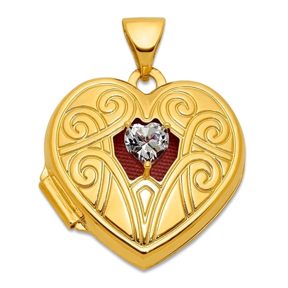 14k Solid Gold Polished White Topaz April 18mm Love Heart Locket Locket Necklace for Women