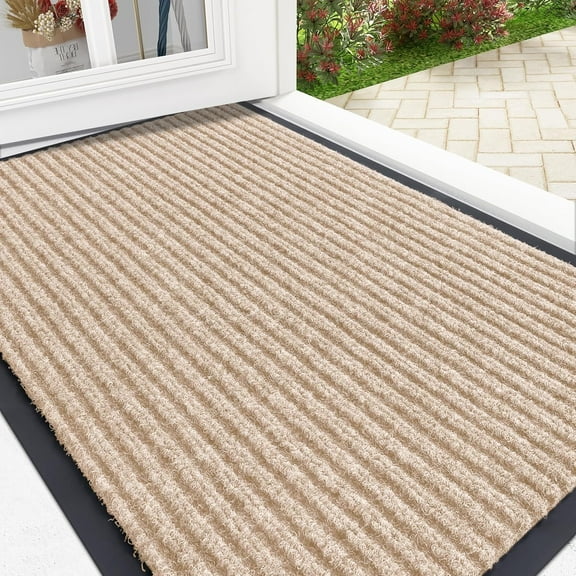 Front Door Mat Indoor Outdoor Entrance, Waterproof Heavy Duty Doormat, Fade Resistant, Low Profile, Easy Clean Patio Porch Welcome Floor Mats for Entry, 29.5x17, Beige