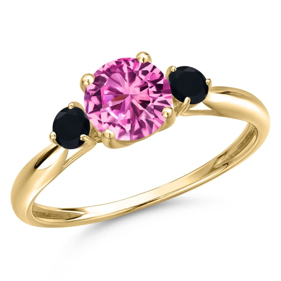 Gem Stone King 10K Yellow Gold Pink Created Sapphire and Black Onyx 3-Stone Ring for Women | 1.20 Cttw | Round 6MM | Gemstone September Birthstone | Size 7