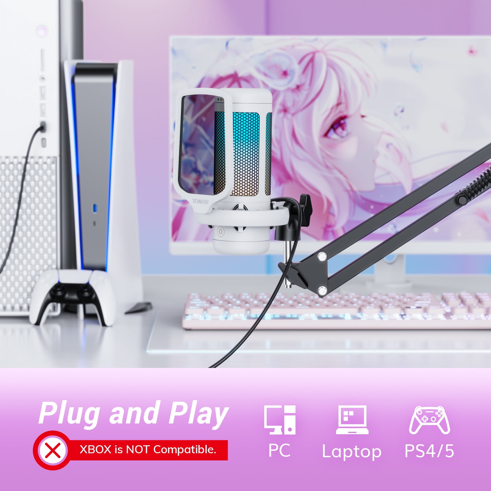 TONOR TC310+ Gaming Microphone Set Type-C Plug,  Desktop USB Microphone with RGB, Quick Mute, for Twitch, Streaming, Podcast, Studio Recording, Discord Chatting, 200 cm/78 inch Cable, White