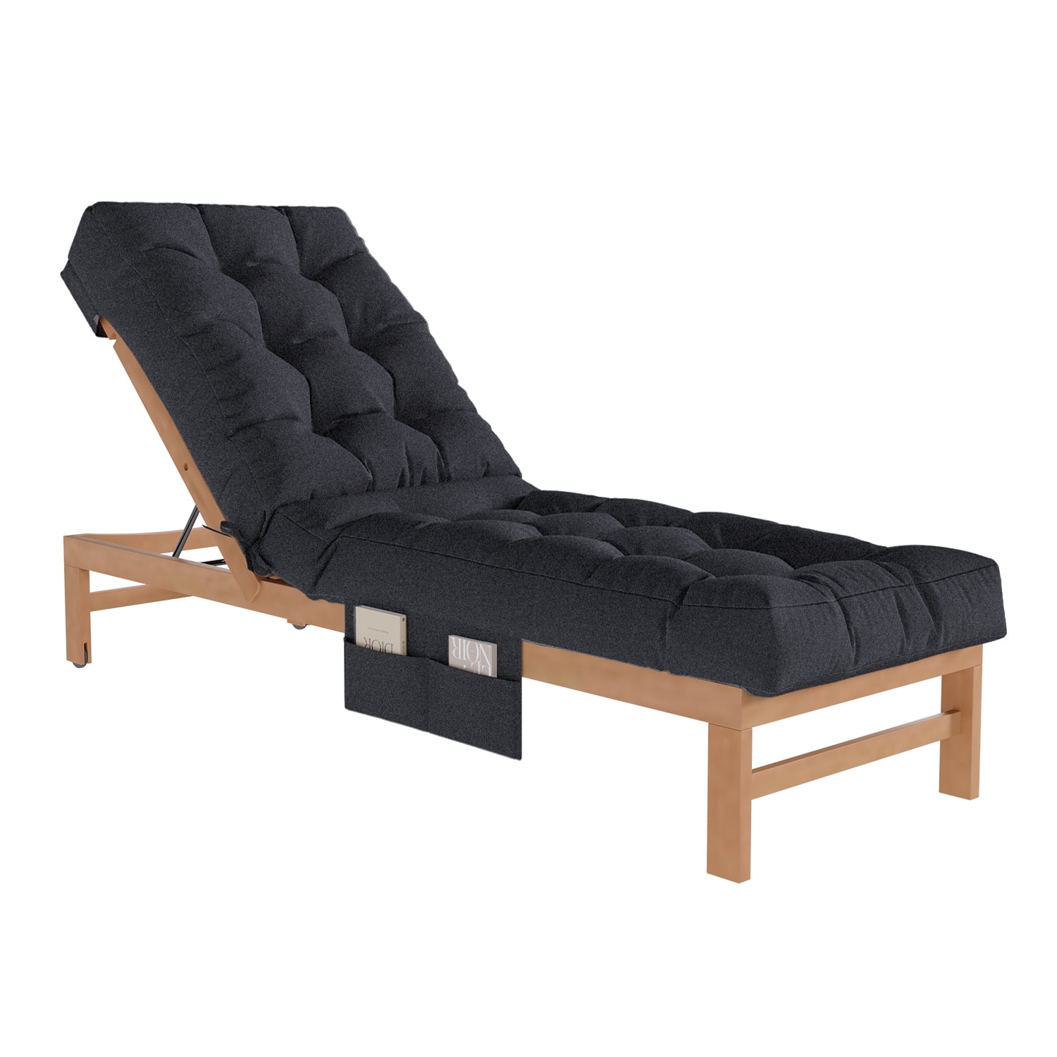 BaPiPro Black Outdoor Chaise Lounge Cushion with Side Pocket, Triple Non-Slip Fixation, All-Weather Durable & Soft Fabric, Thickened Padding, Ideal for Patio and Poolside Use