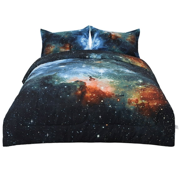 Unique Bargains Twin 3 Pieces Galaxy Pattern Blue All-season Down Comforter Set