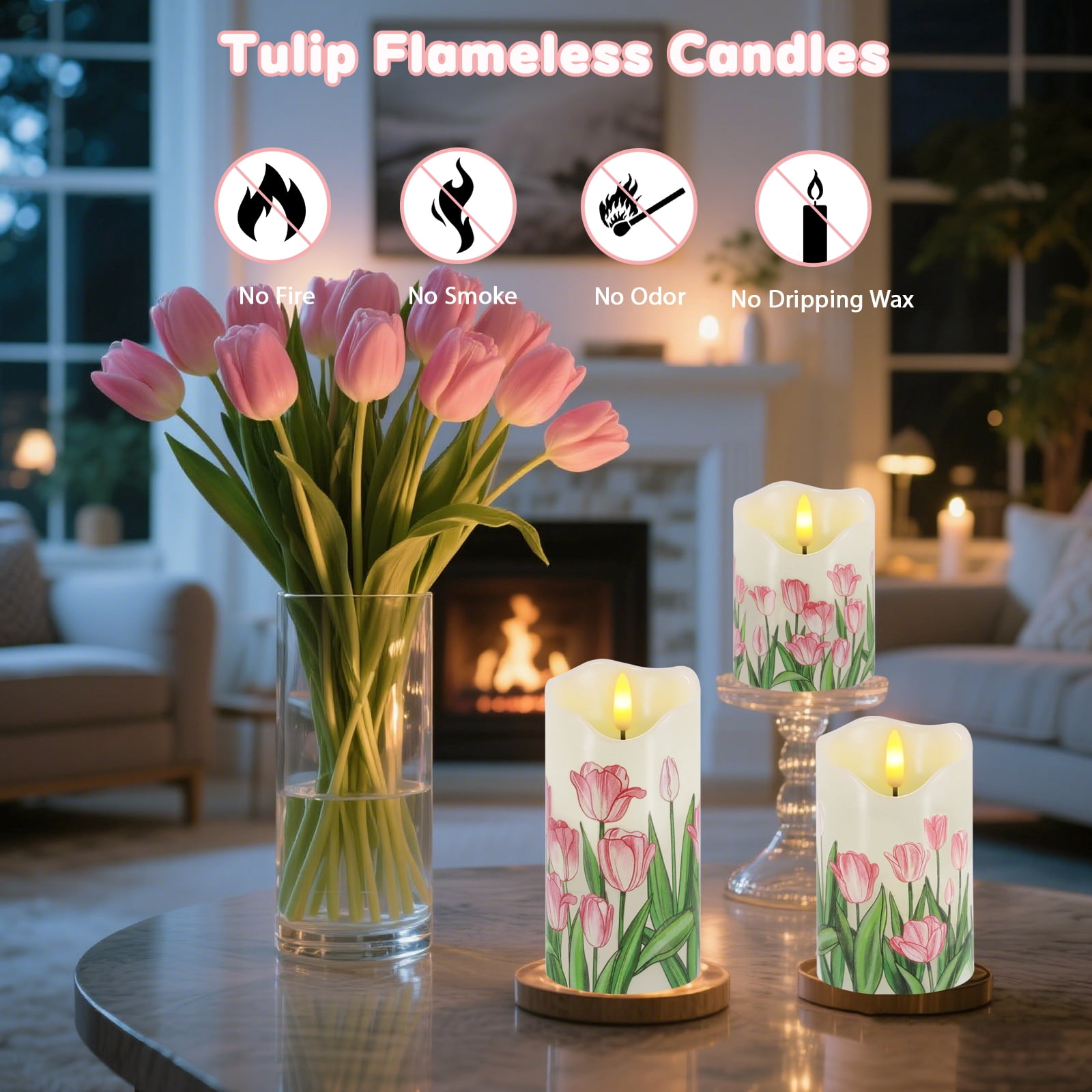 Flameless Candles Light, Set of 3 Flickering Tulip Pillar Candles with Remote & Timer, Dimmable Real Wax Electric LED Candles Battery Operated, Birthday Gift Mother's Day Gift for Mom Grandma Women