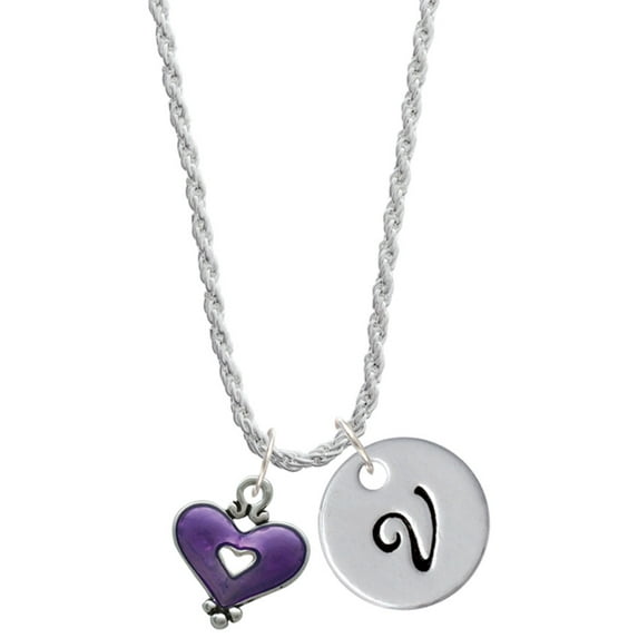 Delight Jewelry Silvertone Hot Purple Enamel Heart with Cutout Silvertone Script Initial Disc - V - Charm Necklace, 20"+3"